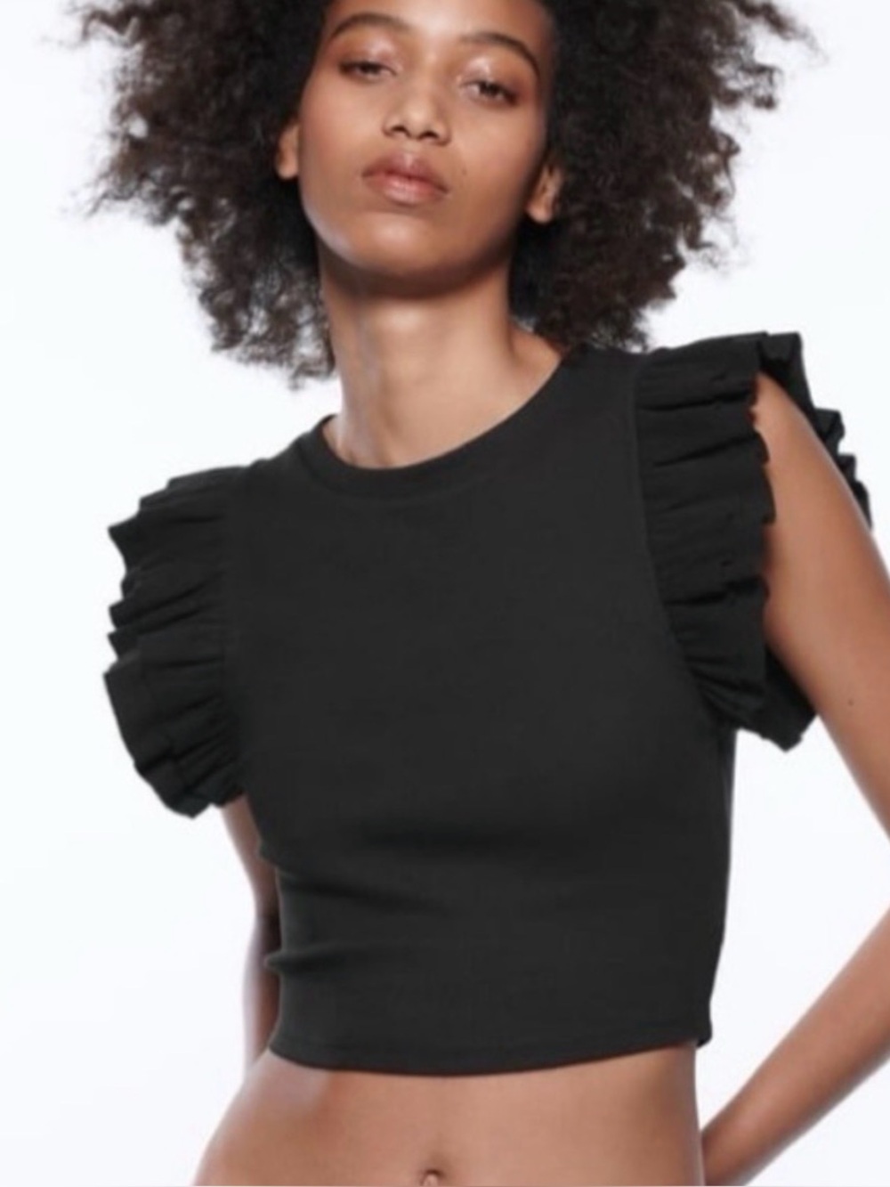 Zara Sz M Black Ruffle-Sleeve Cropped Tank